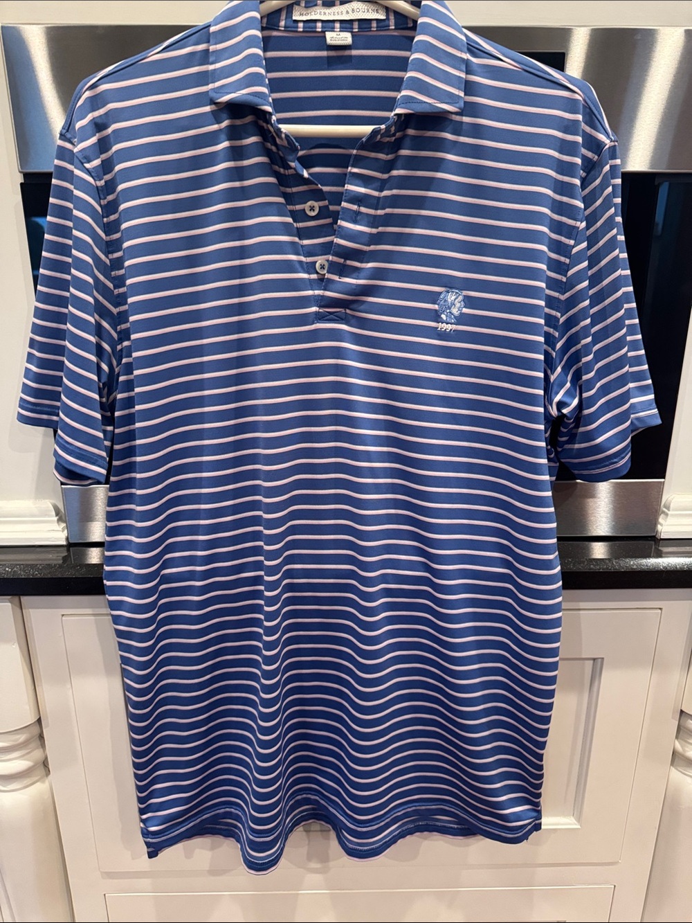 Holderness & Bourbe Blue & White Striped Performance Polo